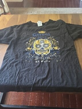 Corona Black Tee with Yellow and Blue Sugar Skull Graphic